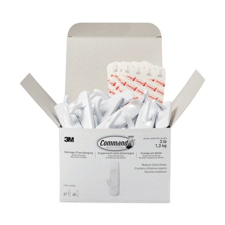 Command General Purpose Hooks, Plastic, White, 3 lb Cap, PK37 17001S37NA